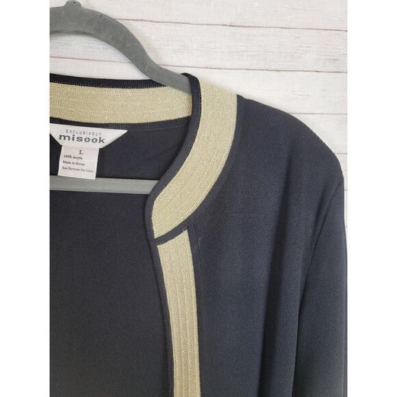 Exclusively Misook Black Midi Cardigan w Metallic Gold Border Detail, sz Large - Picture 2 of 16